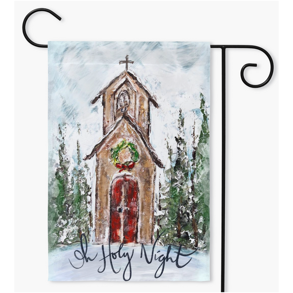Christmas Chapel, Rustic Garden Christmas Flag by Rebeca Flott Arts