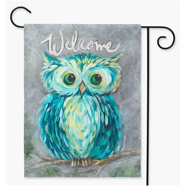 owl Yard Flag, Teal Owl Garden Flag, Rebeca Flott Arts Garden flags