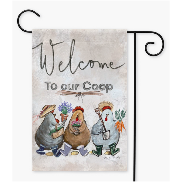 Welcome to our Coop Yard Flag, Rustic Inspired Yard Flag, Garden Flag, Chicken Garden Flag , Springtime Garden Flag