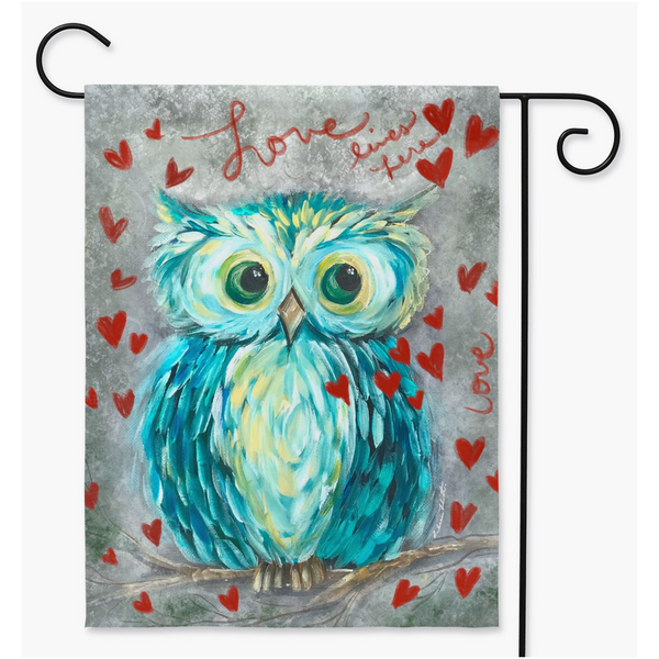 Teal Owl,Valentines Garden flag, Love lives here by Rebeca Flott Arts