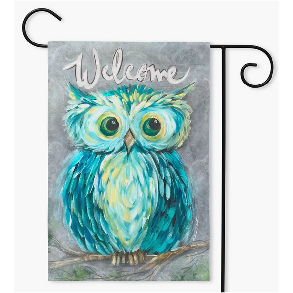 owl Yard Flag, Teal Owl Garden Flag, Rebeca Flott Arts Garden flags