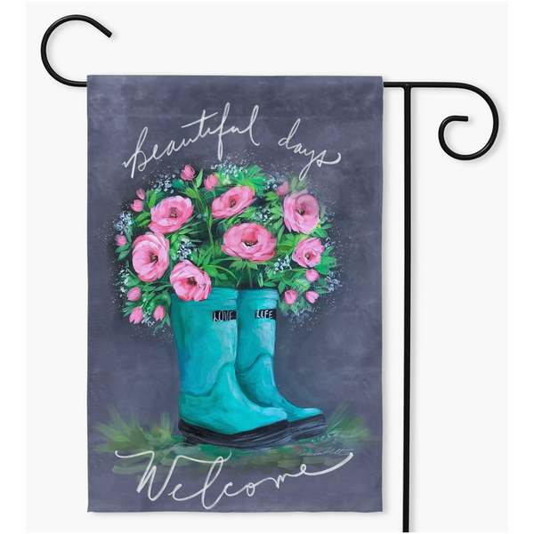 Beautiful days Welcome here! a garden flag by Rebeca Flott Arts