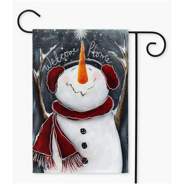 Welcome Cozy Happy Winter snowman garden flag by Rebeca Flott Arts
