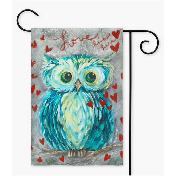 Teal Owl,Valentines Garden flag, Love lives here by Rebeca Flott Arts