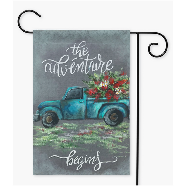 The adventure begins,Blue truck Garden Flag by Rebeca Flott