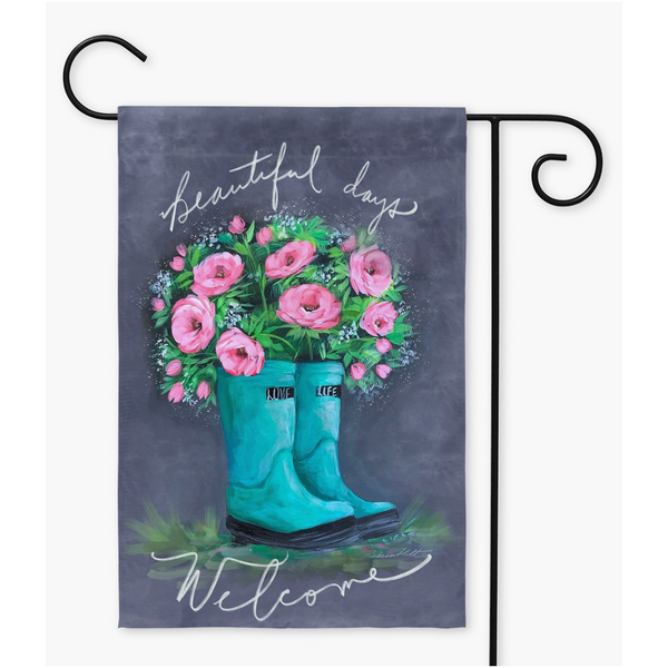 Beautiful days Welcome here! a garden flag by Rebeca Flott Arts