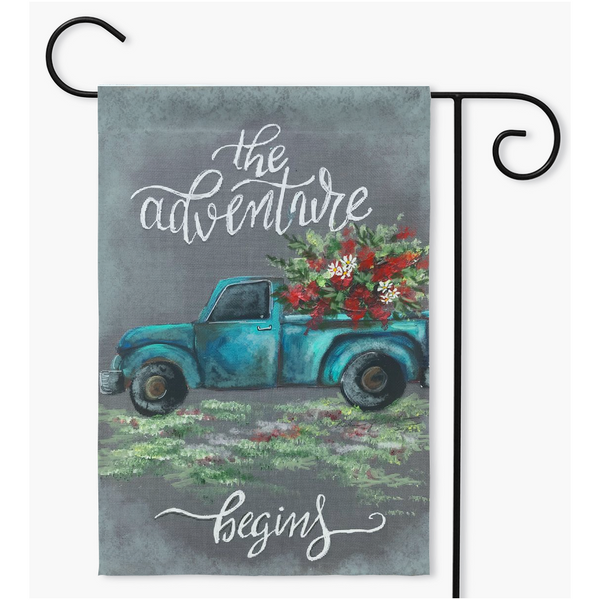 The adventure begins,Blue truck Garden Flag by Rebeca Flott