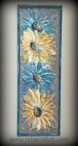 Flowers,Blue and Yellow Flowers,hand painted window,screen art,porch decor,outside art,