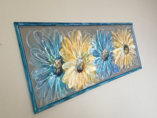 Flowers,Blue and Yellow Flowers,hand painted window,screen art,porch decor,outside art,