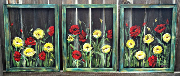Red and Yellow Poppies ,window screen, hand painting set of 3 ,rustic poppies