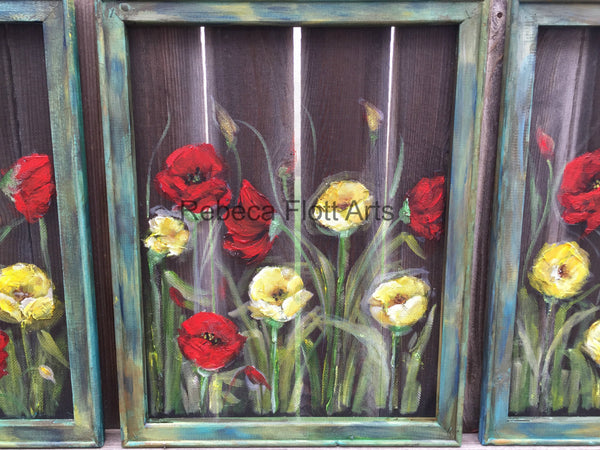 Red and Yellow Poppies ,window screen, hand painting set of 3 ,rustic poppies