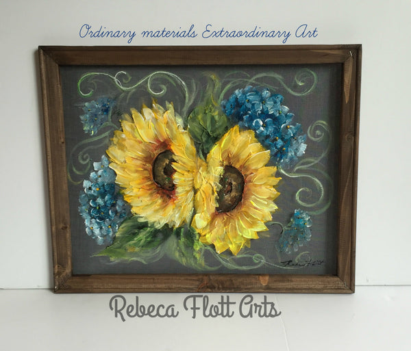 Sunflower and Blue Hydrangea,Hand painted Art on window Screen, original,Wall art, Indoor or outdoor Art