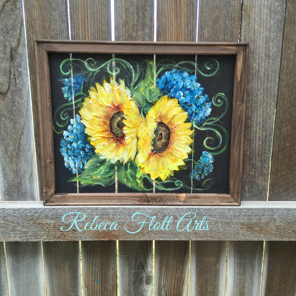 Sunflower and Blue Hydrangea,Hand painted Art on window Screen, original,Wall art, Indoor or outdoor Art