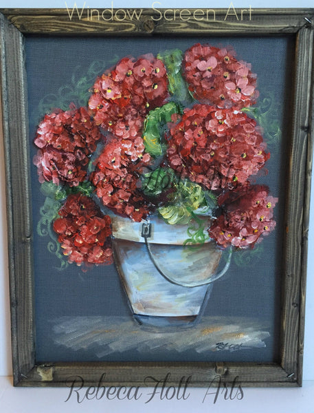 Red Hydrangea Window Screen Art
