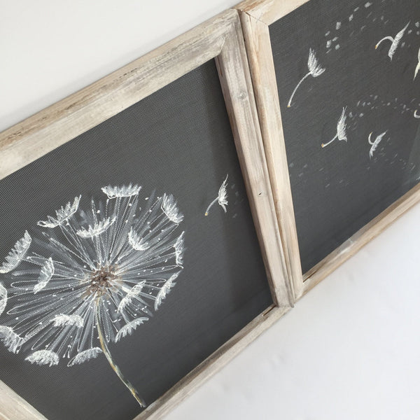 Antique white frame,Dandelion Set of two,Farmhouse style, rustic decor, make a wish,dandelion