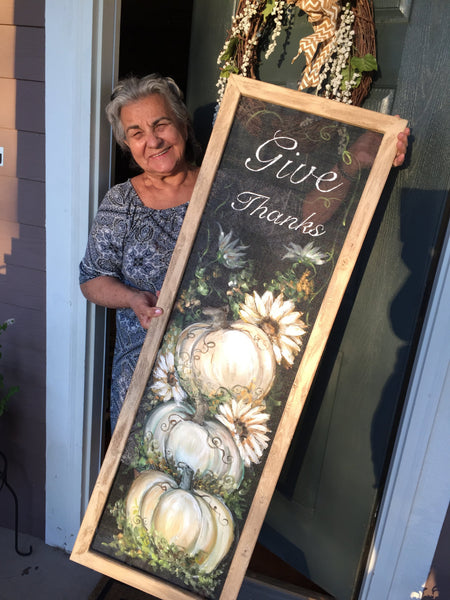 Give Thanks, White pumpkin art decor, porch fall decor