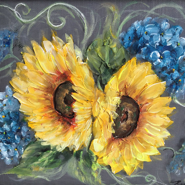 Sunflower and Blue Hydrangea,Hand painted Art on window Screen, original,Wall art, Indoor or outdoor Art