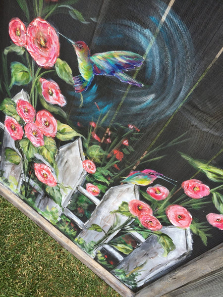 Hummingbird love, Window screen art, Garden Art
