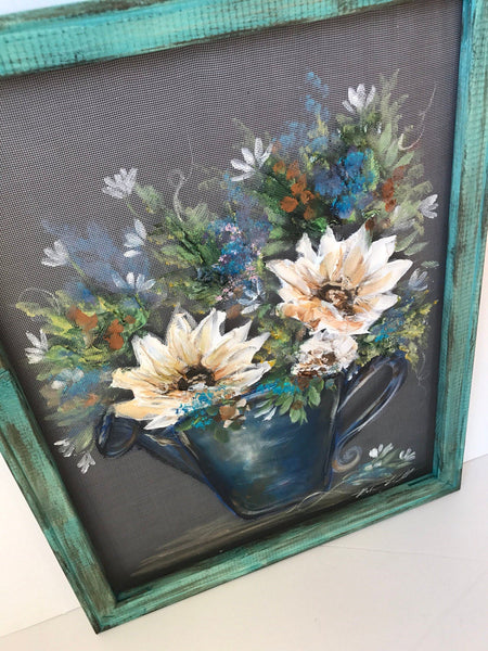 Happy flowers ,Teal Frame,Spring time decor,Porch decor, rustic decor, wall art