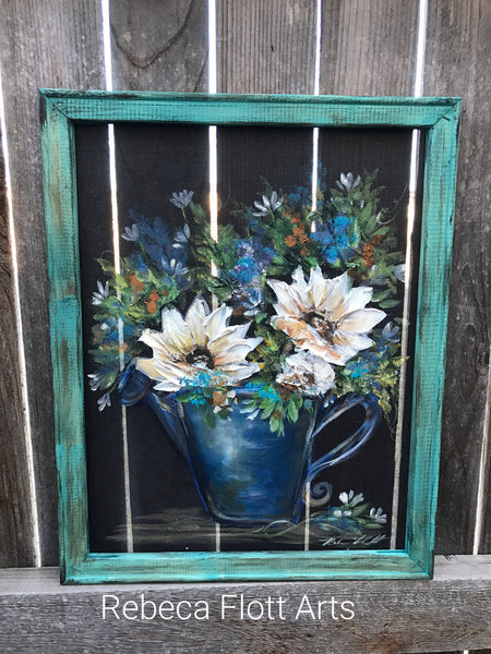 Happy flowers ,Teal Frame,Spring time decor,Porch decor, rustic decor, wall art