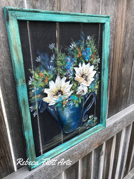 Happy flowers ,Teal Frame,Spring time decor,Porch decor, rustic decor, wall art