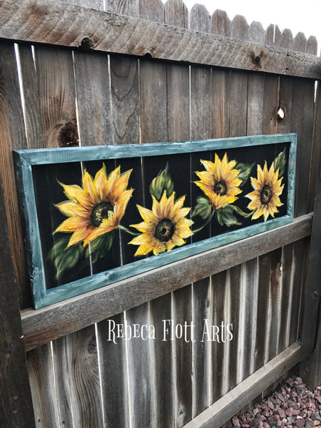 Sunflowers hand painted window screen, perfect porch decor wall art, rustic