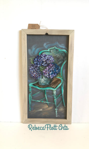 Vintage chair with hydrangeas, farmhouse style wall art