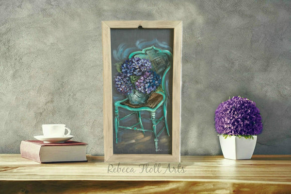 Vintage chair with hydrangeas, farmhouse style wall art