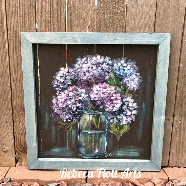 Gramma Patty hydrangeas, Hydrangeas,mason jar and hydrangeas, original, hand painted