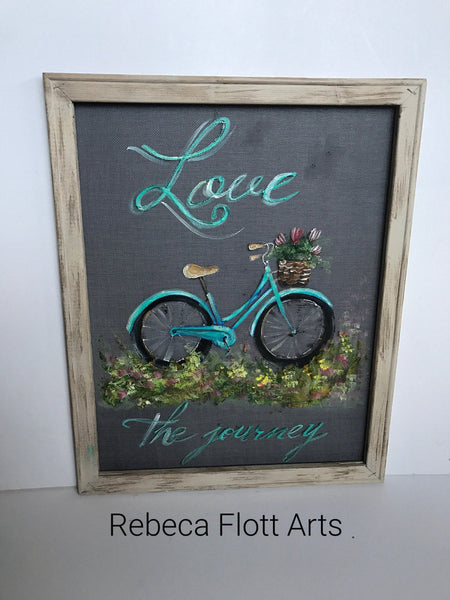 Love the Journey,vintage bike hand painted on window screen