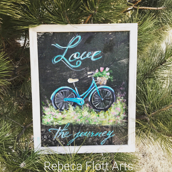 Love the Journey,vintage bike hand painted on window screen