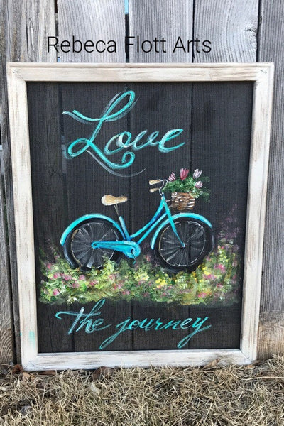 Love the Journey,vintage bike hand painted on window screen