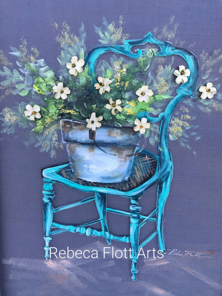 Vintage chair with fresh flowers , upcycled frame, farmhouse style