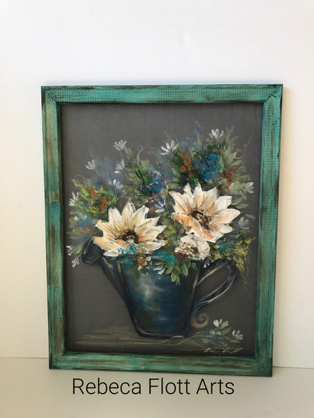 Happy flowers ,Teal Frame,Spring time decor,Porch decor, rustic decor, wall art