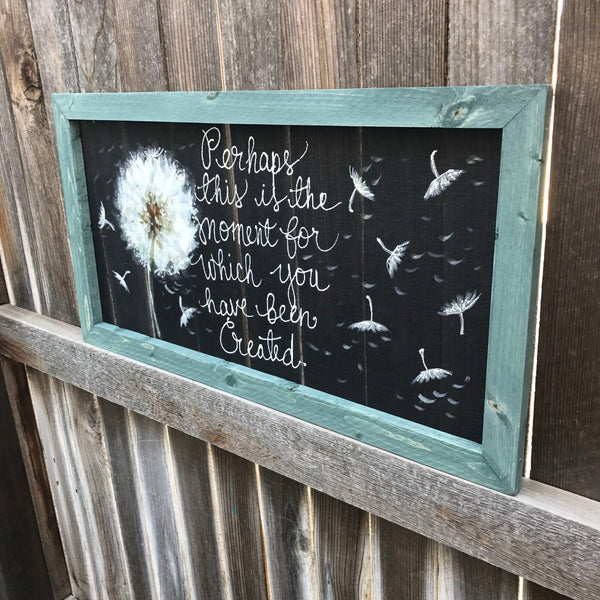 This is the moment you have been created , dandelion with scripture, window screen hand painted , indoor snd outdoor art,wall art, blue fram