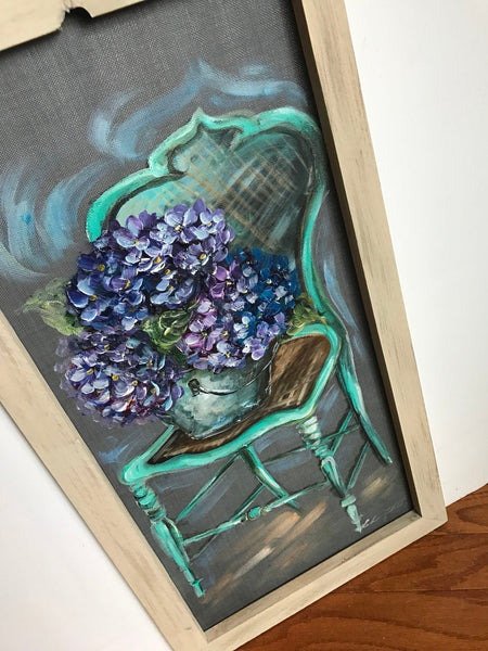 Vintage chair with hydrangeas, farmhouse style wall art