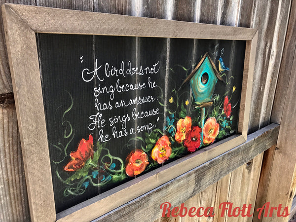 The blue bird house horizontal , hand painted, original art on window screen, Porch decor