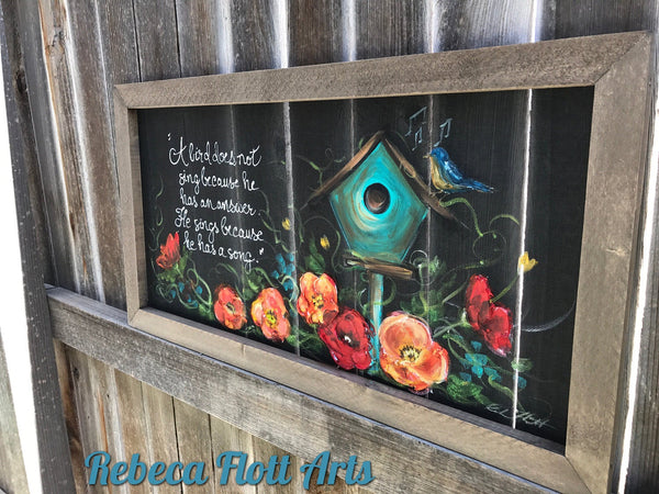 The blue bird house horizontal , hand painted, original art on window screen, Porch decor