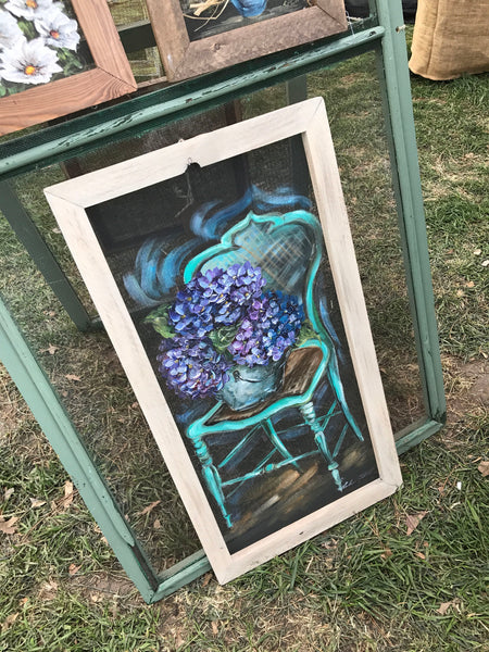 Vintage chair with hydrangeas, farmhouse style wall art