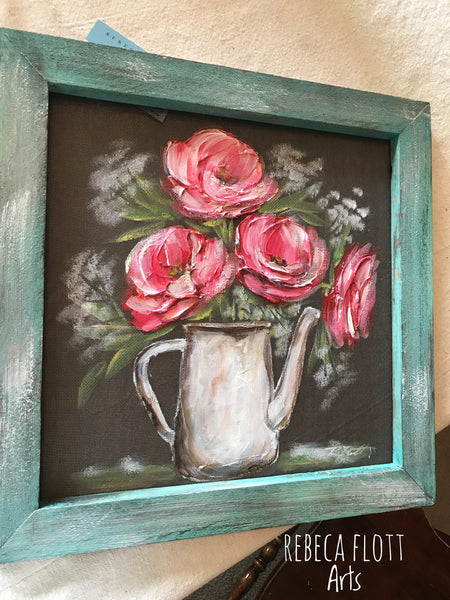 Pink peonies on teal wood frame
