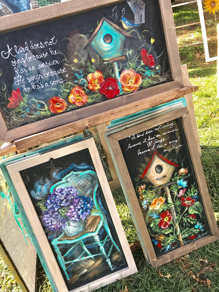The blue bird house horizontal , hand painted, original art on window screen, Porch decor