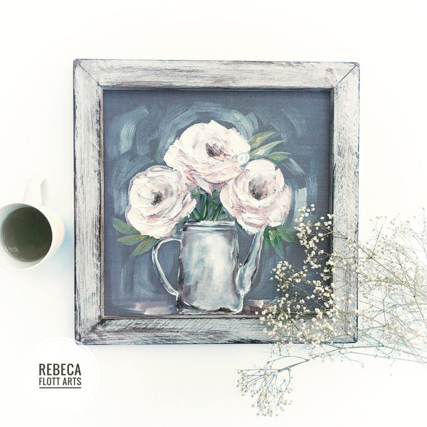 White peonies, white flower wall art, original  art, hand painted on window screen