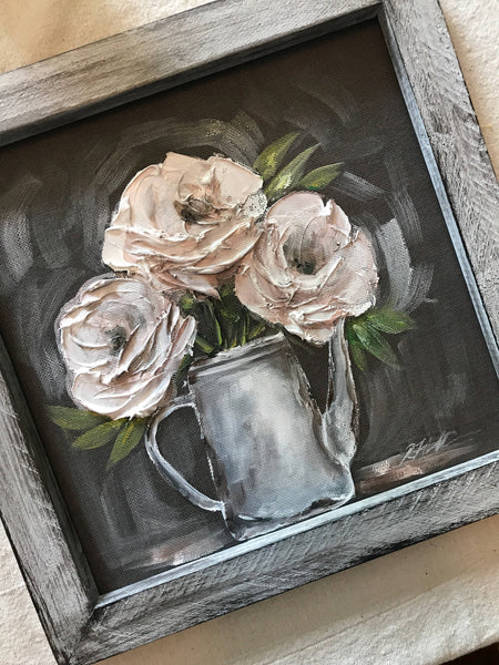White peonies, white flower wall art, original  art, hand painted on window screen