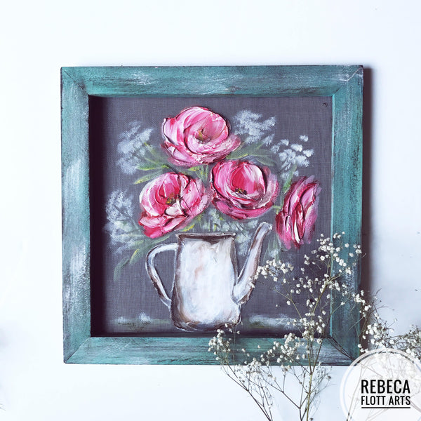 Pink peonies on teal wood frame