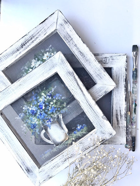 Vintage inspired  jar mini 10x10 blue flowers