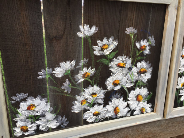 Daisies On White,Set of two Beautiful Daisies, recycled, outdoor and indoor art, flowers,Daisy Flower Painting, Daisy Flower art,