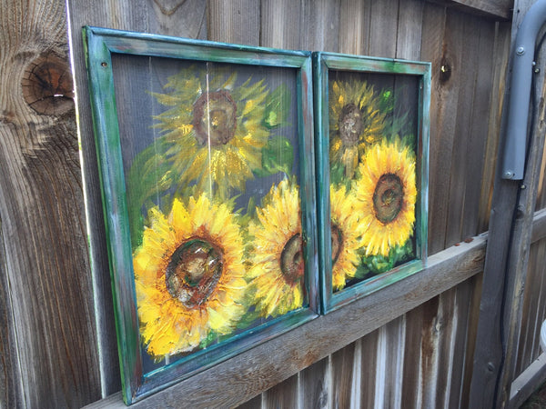 Set of 2 Sunflower Art MADE TO ORDER- Original Art, sunflower,recycled wood frame, painted on screen sunflower painting. sunflower
