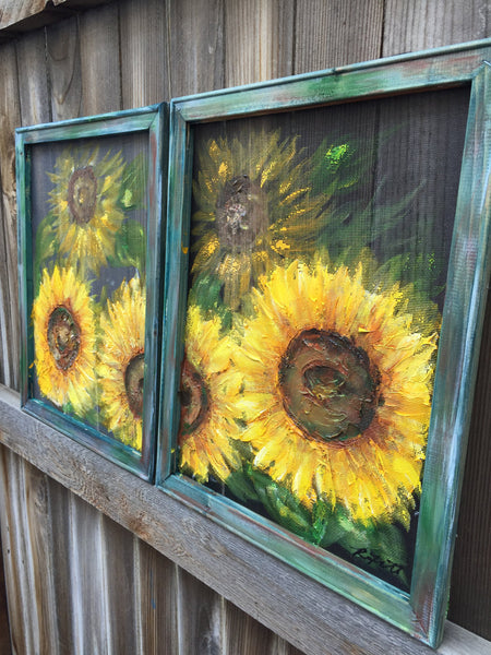 Set of 2 Sunflower Art MADE TO ORDER- Original Art, sunflower,recycled wood frame, painted on screen sunflower painting. sunflower