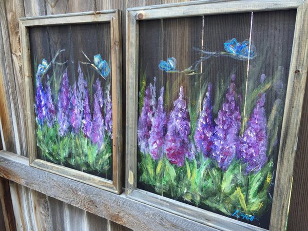 Wild flower set of two,purple flower, reclyced wood