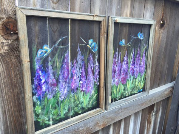 Wild flower set of two,purple flower, reclyced wood